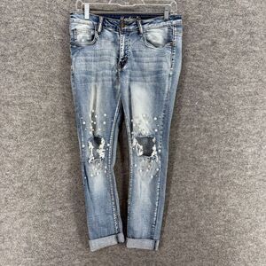 Machine Jeans Women 9 Blue Denim Light Mid Rise Skinny Distressed Rhinestone